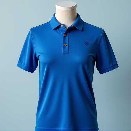 A stylish blue performance golf polo shirt on a mannequin.